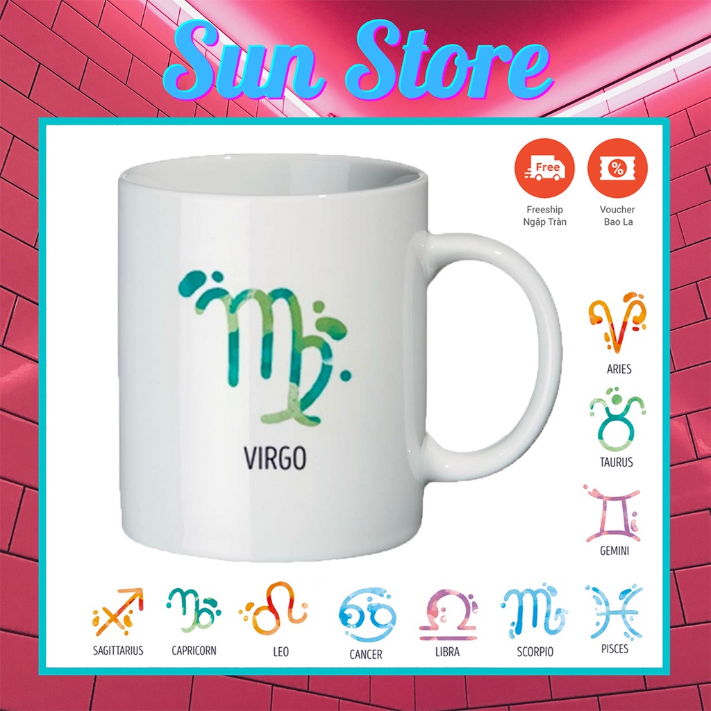 Ly cốc sứ màu trắng in hình 12 cung hoàng đạo chất lượng - SunStoreVN