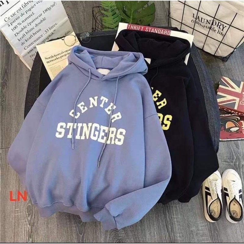 áo hoodie nỉ mũ túi bụng in chữ center stinger