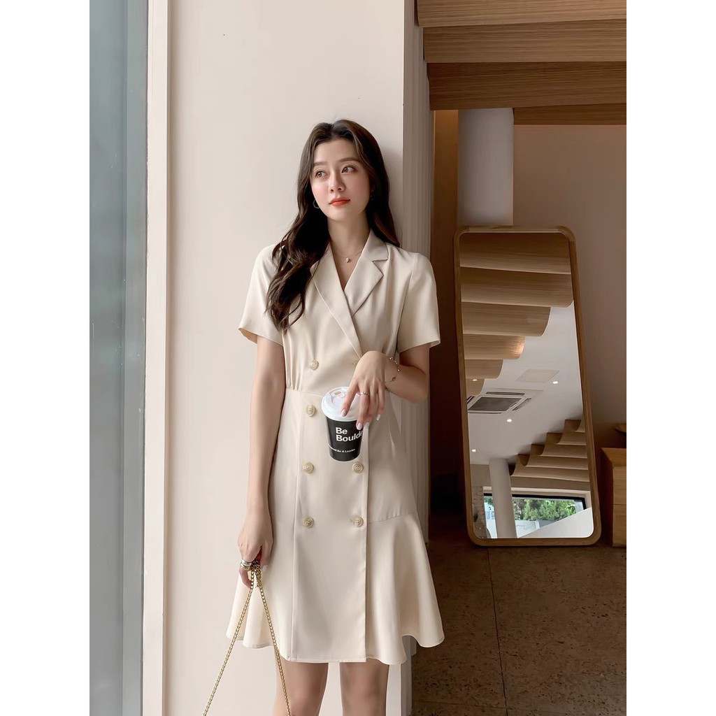 Đầm kiểu xinh bigsize cho nàng, đầm kiểu hai hàng cúc chân bèo xinh có hai màu đen và kem cho nàng