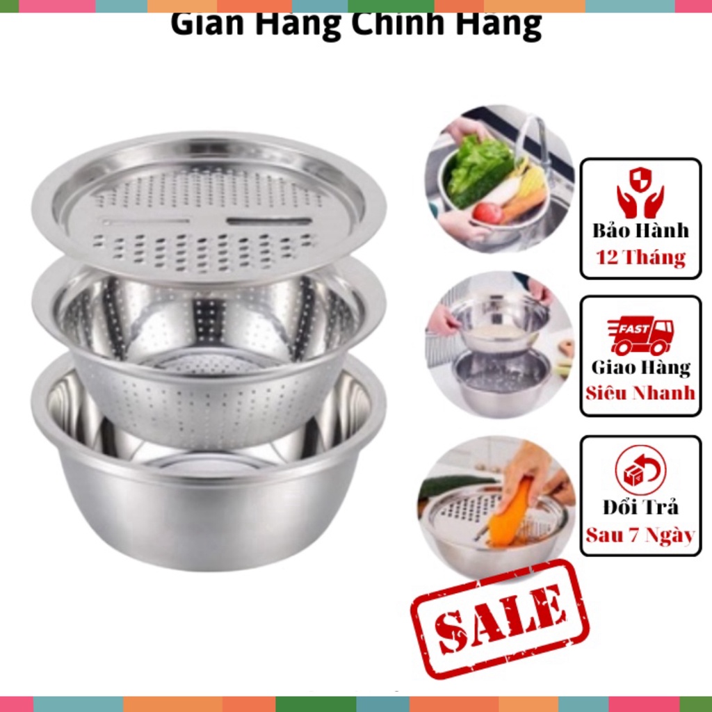 Bộ nạo rau củ 3 món bào Nhật Bản - Rổ nạo rau củ kiêm rổ và chậu inox cao cấp đa năng,tiện lợi dùng nhà bếp