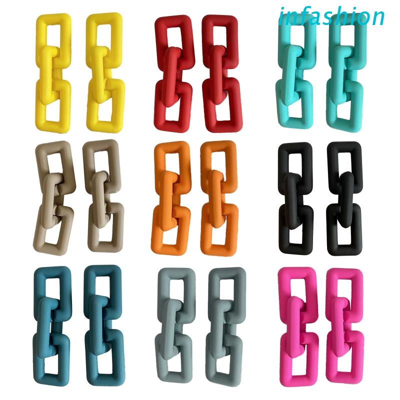 Bông Tai Dạng Dây Xích Dày Mặt Hình Chữ Nhật Nhiều Màu