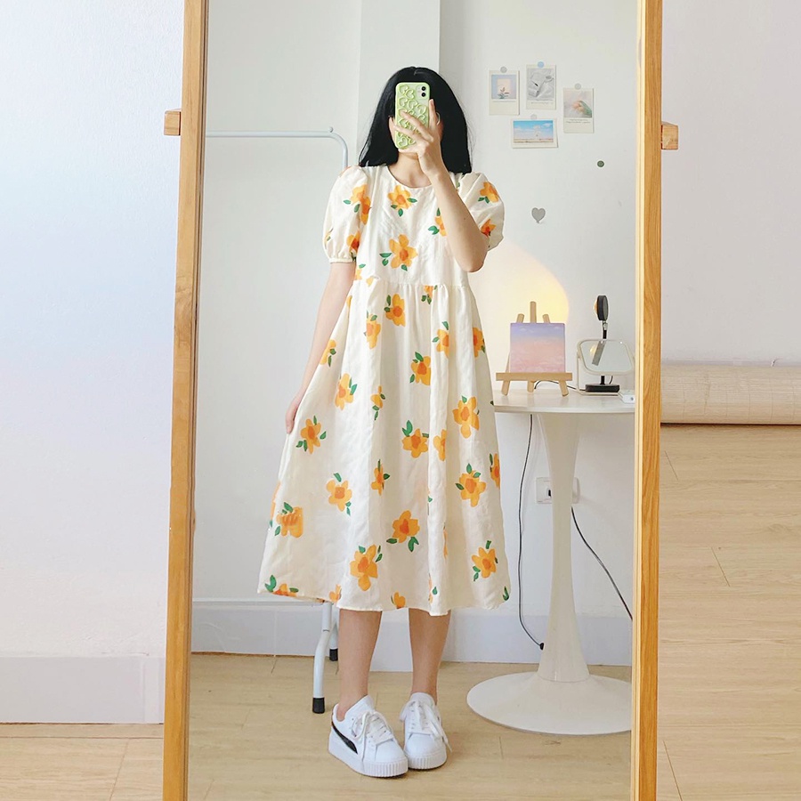 Đầm babydoll hoa cam nhí du lịch biển chụp kỷ yếu body tay ngắn ulzzang , Váy nữ vintage dự tiệc thu đông
