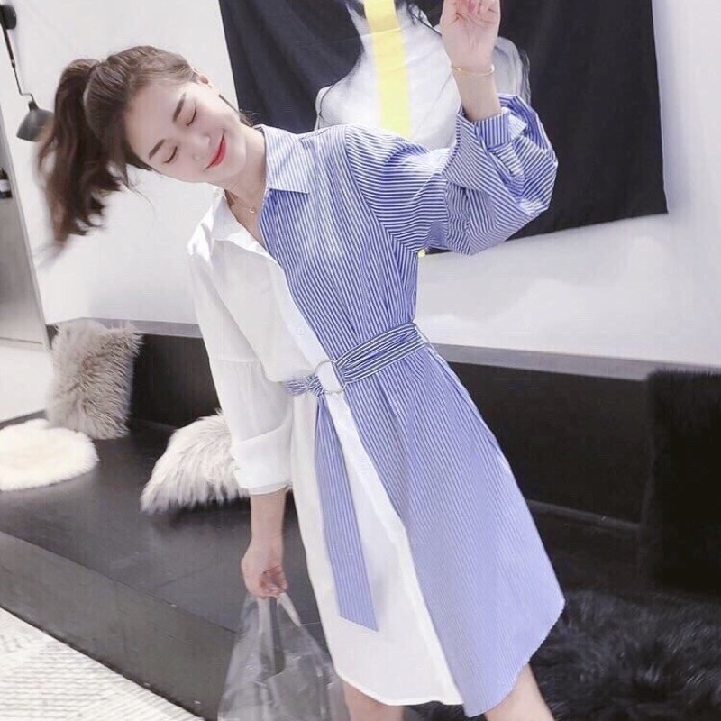 Đầm váy sọc xanh phối trắng