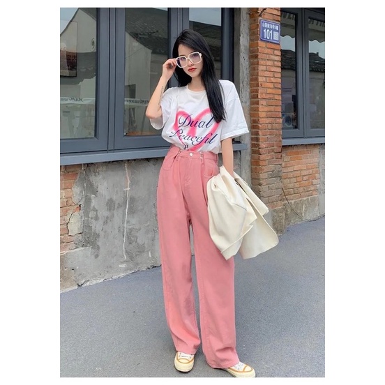 Quần Jeans Nam Nữ Unisex Cạp Khuy Gài Eo Màu Hồng Xanh Đen Trắng Cạp Lưng Cao Ống Suông Dáng Rộng Phong Cách Ulzzang