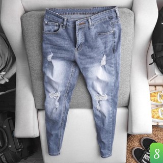 Quần jean nam xanh nhạt trơn rách gối chất bò cao cấp co dãn 4 chiều, quần rin nam đẹp DP11 mẫu mới