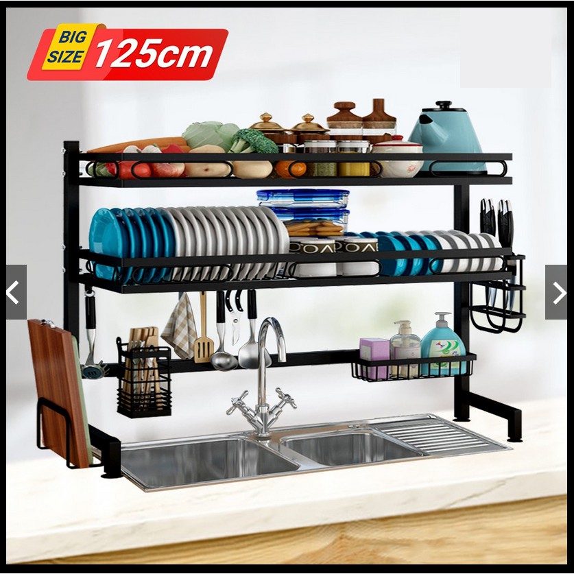 Kệ chén bát 2 tầng trên bồn rửa Rensi, giá để bát tiện lợi thép cacbon sơn đen cao cấp