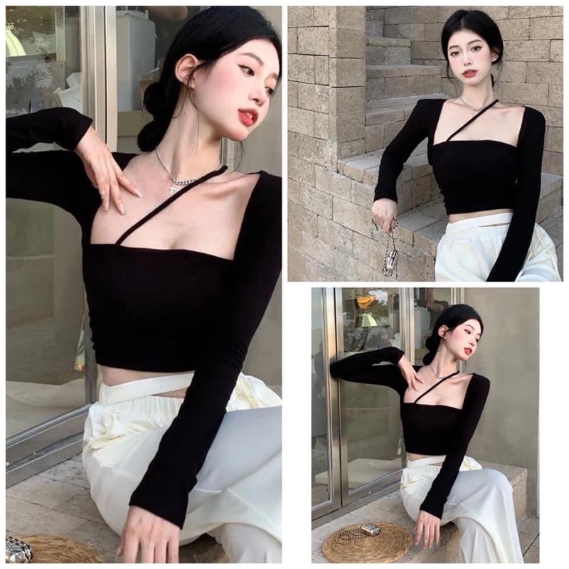 Áo kiểu cổ vuông tay dài croptop dây chéo