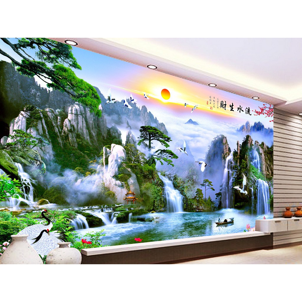Tranh 3D Dán Tường In Vải Lụa Kim Tuyến, Tranh Sơn Thủy Hữu Tình, Tranh Phong Thủy Trang Trí Phòng Khách - PT32