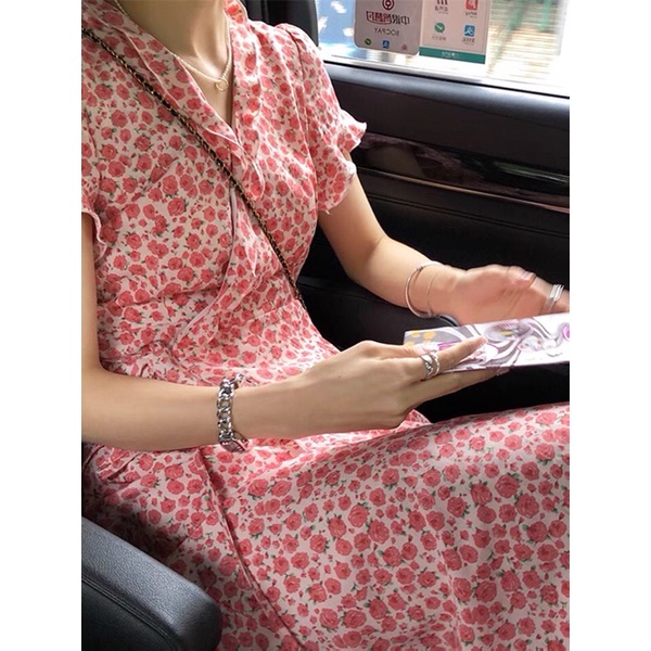 Váy hoa nhí dáng dài buộc vạt viền bèo vintage