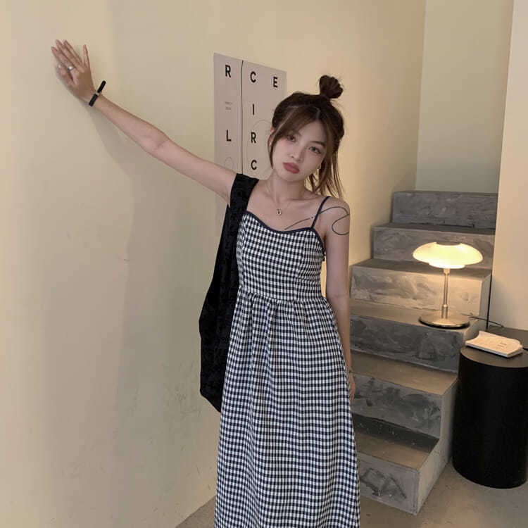 Đầm Lửng Hai Dây Họa Tiết Caro Phong Cách Hàn Quốc Thanh Lịch Dành Cho Nữ