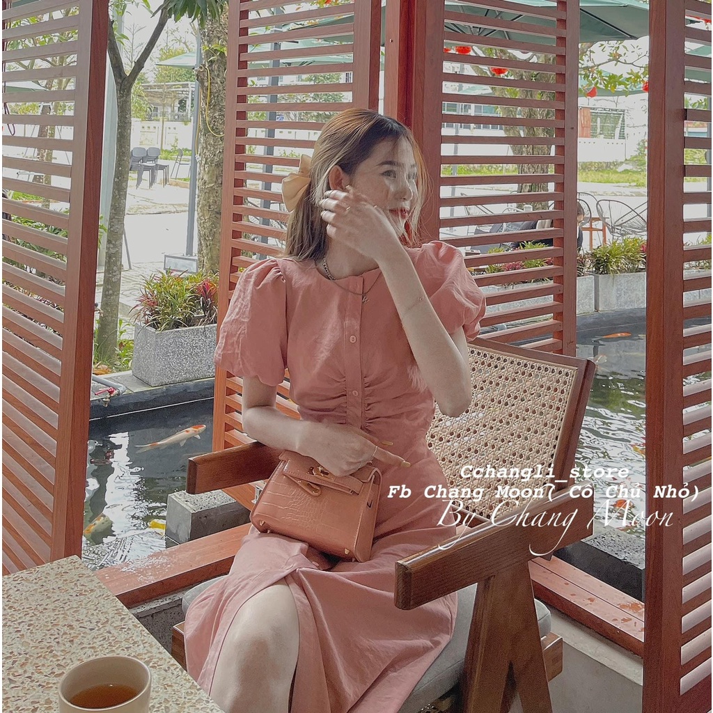 ĐẦM MIDI HỒNG  CỔ TRÒN NHÍU NGỰC TAY BỒNG