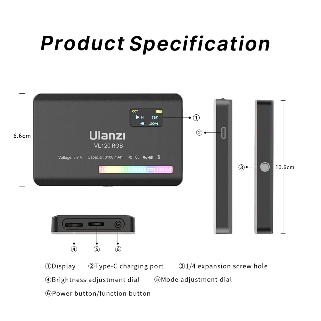 Đèn Led Mini Ulanzi Vl120 Rgb 2500k-9000k Cri95 + 20 Hiệu Ứng Ánh Sáng Kèm Phụ Kiện