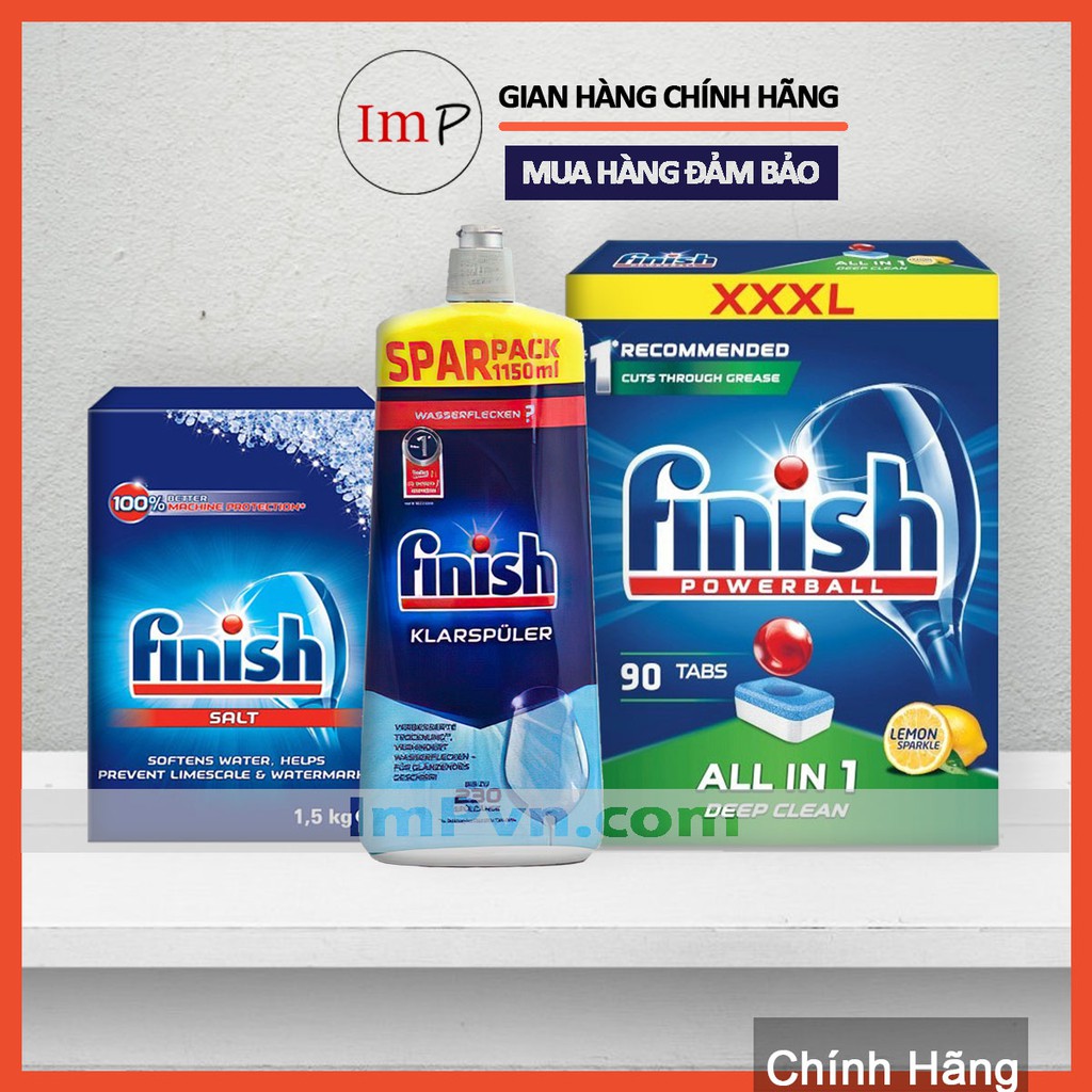 Combo Viên rửa bát Finish Hộp All in one 90 viên, Muối 1.5kg, Nước làm bóng 1150ml