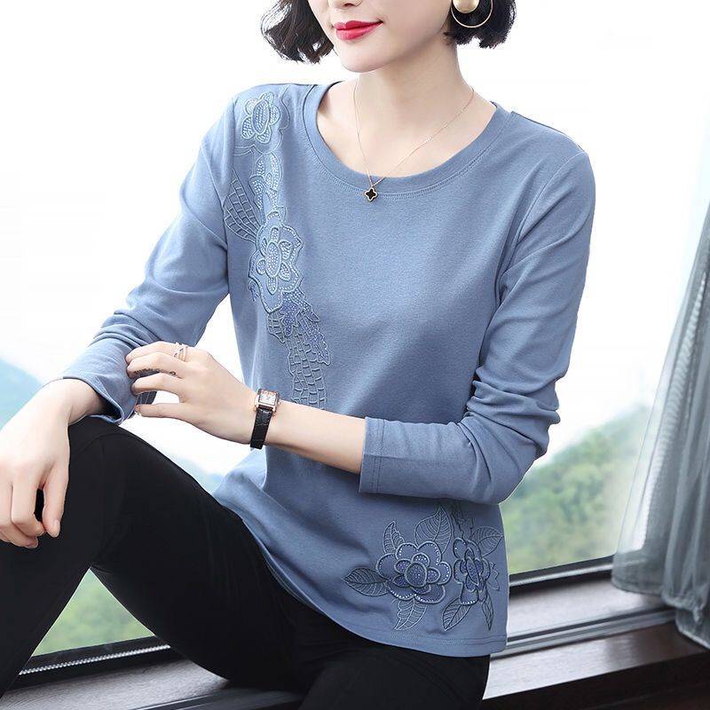 Áo Thun Tay Dài Dáng Rộng Thêu Họa Tiết Thời Trang Cho Nữ Trung Niên