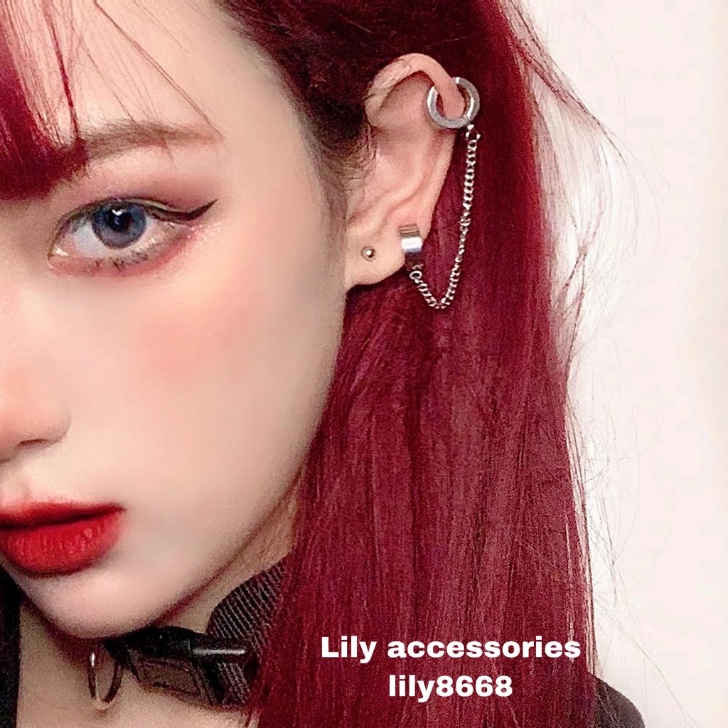 Chain Ear Cuff With Hoop Earring khuyên tai và kẹp vành tai titan dây xích nam nữ không gỉ không đen không dị ứng