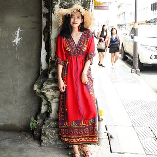 Váy vintage Thái Lan - Váy suông vintage tay rộng, cổ chữ V điệu đà hot 2019