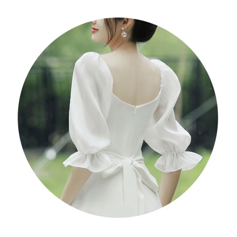 Váy cô dâu, váy đi tiệc cưới dáng xòe sang trọng, đầm trắng dáng xoè chụp kỷ yếu, dự tiệc_Deloga