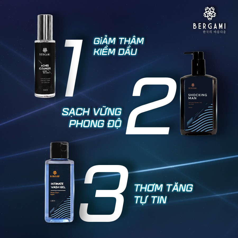 Bộ quà tặng nam giới Bergami,  Sữa tắm nước hoa nam 330ml &amp; Dung dịch vệ sinh Nam 130ml &amp; Sữa rửa mặt Nam Bergami 100ml