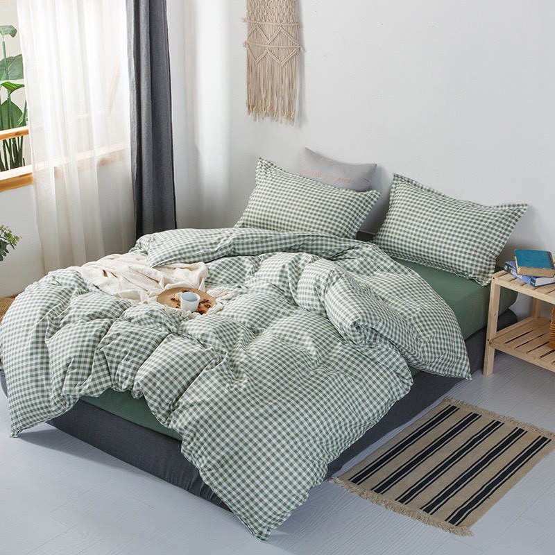 Bộ chăn ga gối cotton poly Lidaco decor phòng ngủ vintage - Caro Cốm ( SP001260)