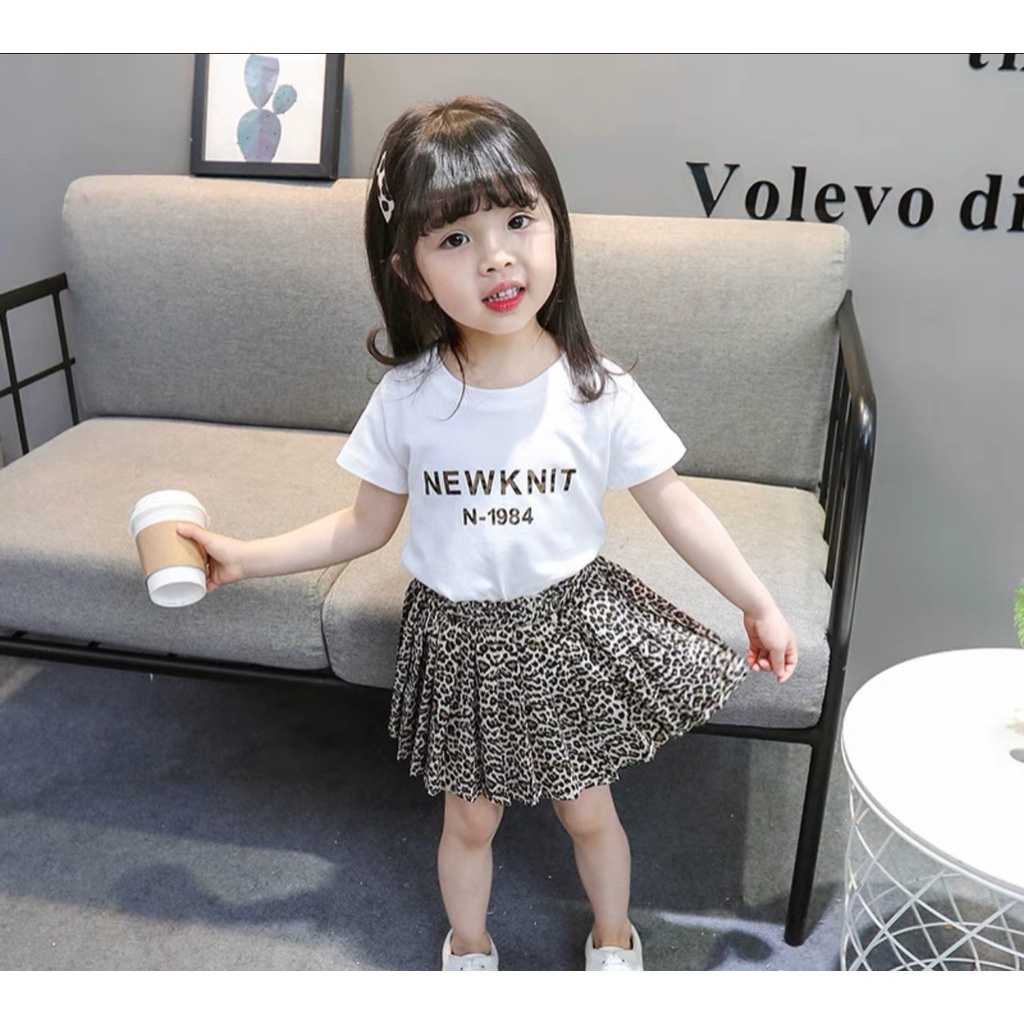 VAY38 - Váy bé gái, Sét váy áo cho bé gái, chân váy báo nâu + áo thun cotton trắng, từ 8-21kg