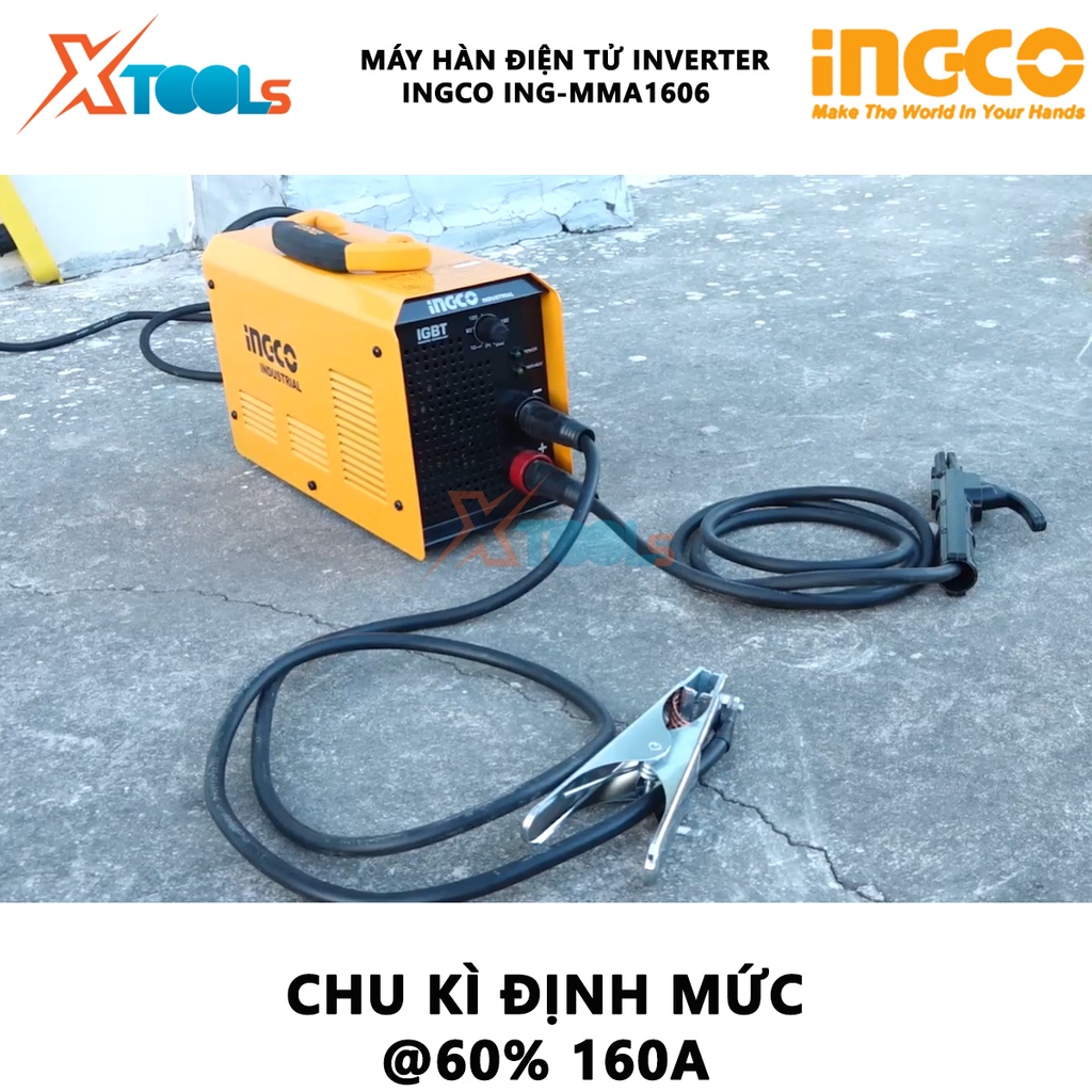 Máy hàn biến tần inverter INGCO ING-MMA1606 | máy hàn que Điện áp không tải 65V, Dòng điện 10-160A, Cấp độ bảo vệ IP21S