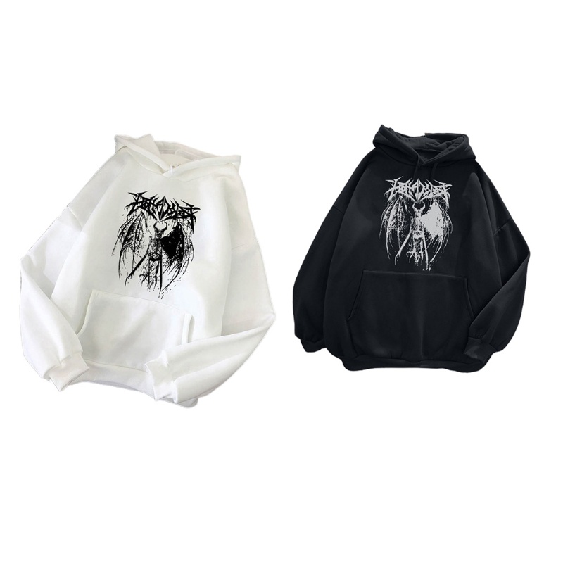 Áo hoodie oversize tay dài in hình bộ xương quỷ có đôi cánh và chữ phong cách punk gothic cá tính cho nữ