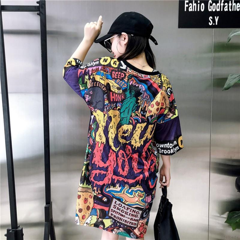 Áo thun dáng rộng cổ tròn hoạ tiết Graffiti phong cách Harajuku