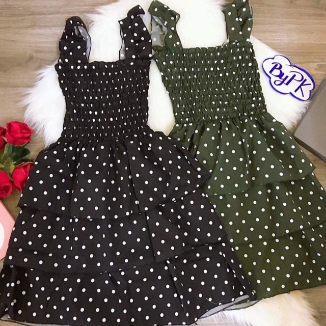 Đầm xoè bi 3 tầng đen/ vàng/rêu/cam/hồng  MH