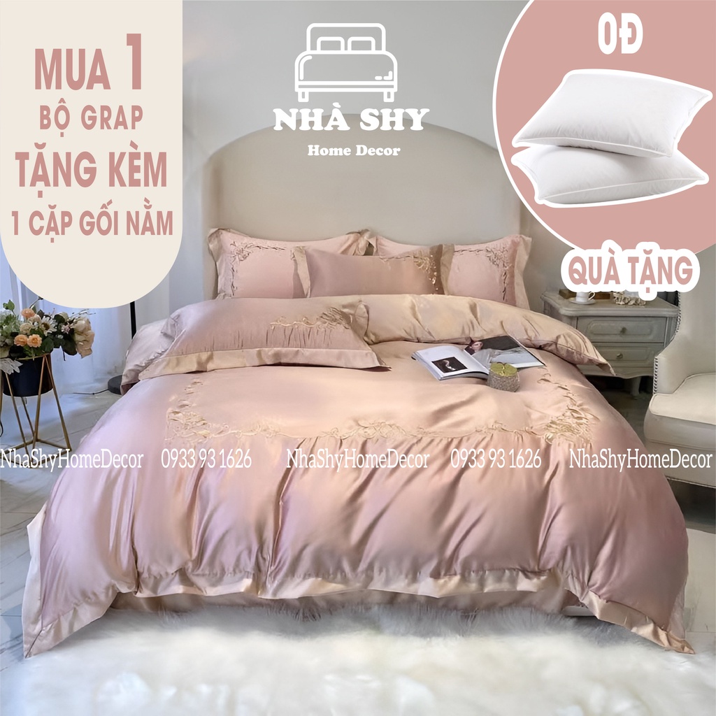 Trọn Bộ Chăn Ga Vỏ Gối Lụa Cotton Hoàng Gia - Họa Tiết Thêu Royal Bedding - Phối Màu