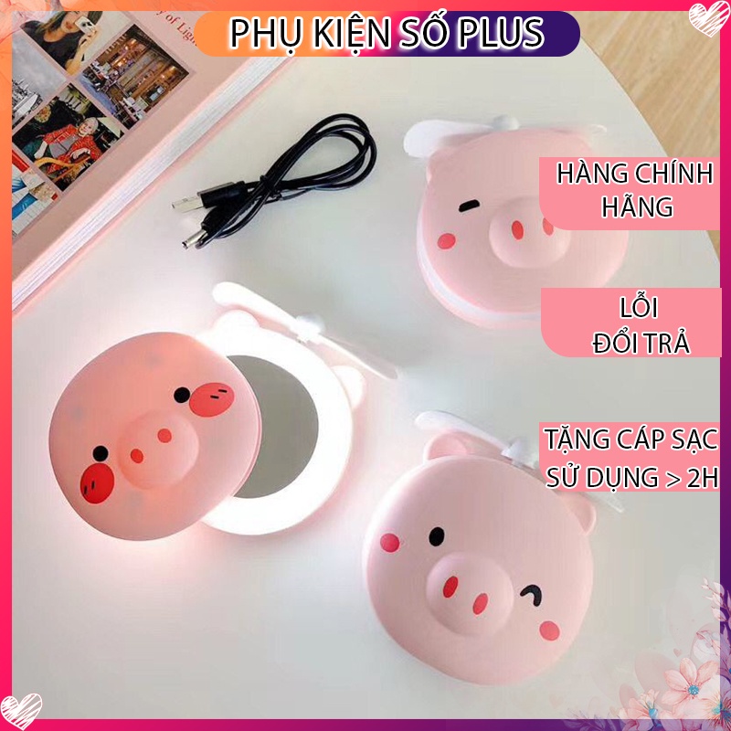Quạt mini cầm tay, Quạt mini hình con heo cầm tay có gương và đèn tích hợp, Quạt mini tặng kèm dây sạc