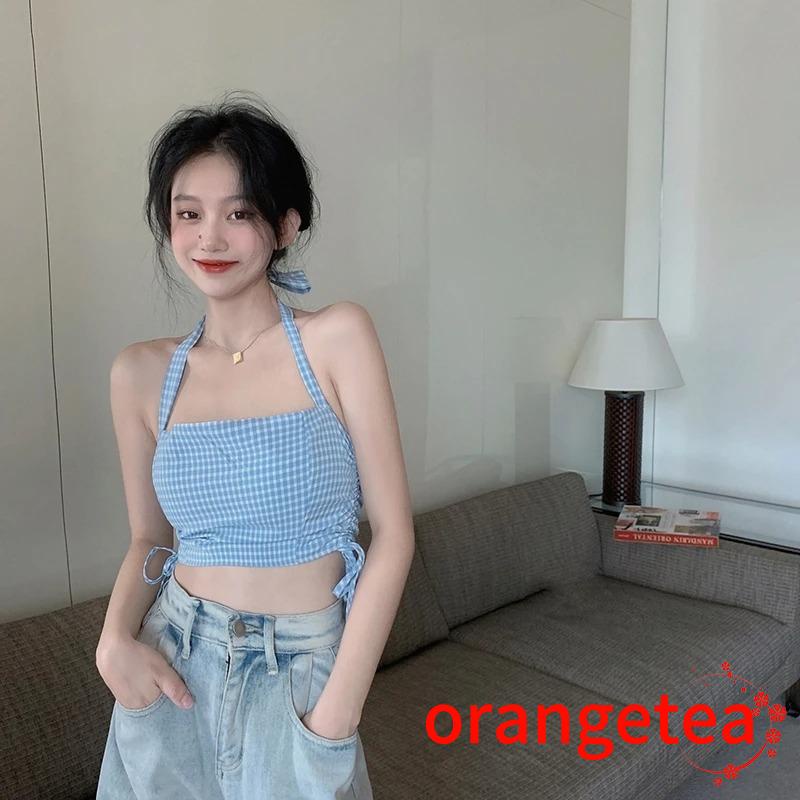 ORT-Female Camisole, Plaid Halter Neck Vest Crop Tops with Drawstring Summer Outfit for Adults