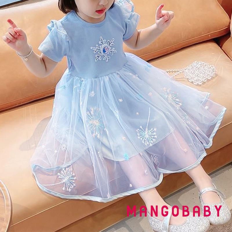Đầm công chúa tay ngắn phối lưới họa tiết bông tuyết ngọt ngào dành cho bé gái