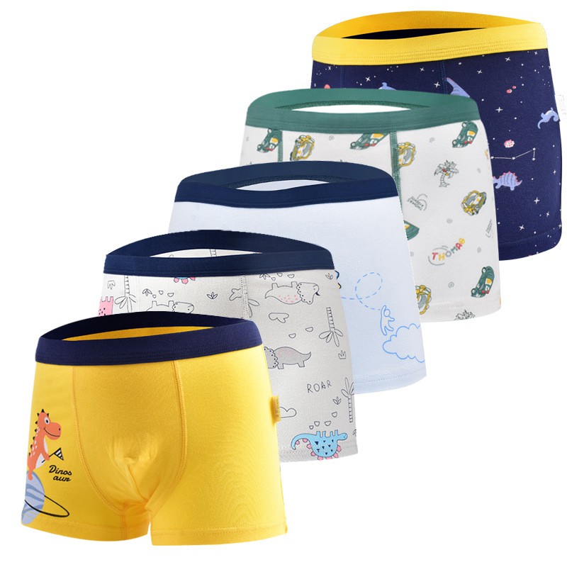 Bộ 5 Quần Lót Boxer Cotton Thoáng Khí In Hình Khủng Long Hoạt Hình Cho Bé Trai 3-14 Tuổi