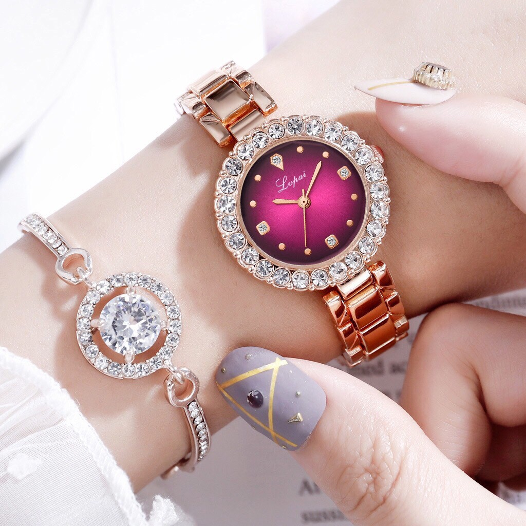 Đồng hồ thời trang nữ Lvfai đính cườm kèm lắc tay siêu đẹp MS866