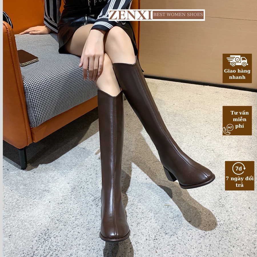 Bốt nữ cao gót bốt nữ cao cổ boot nữ cổ cao boot đế cao khoét eo ZENXISTORE đế 5.5cm da mềm khóa sau cao cấp