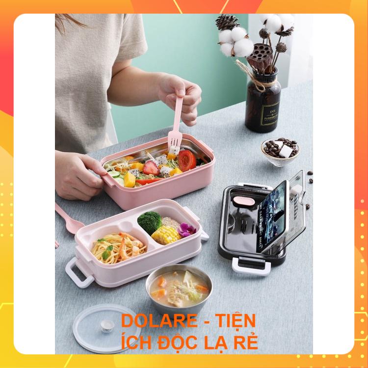 Hộp Cơm 2 Tầng INOX 304 Giữ Nhiệt ENJOY Cho Dân Văn Phòng - Kèm Chén Soup & Muỗng Đũa Nĩa, Thố Cơm 2 Tầng Inox
