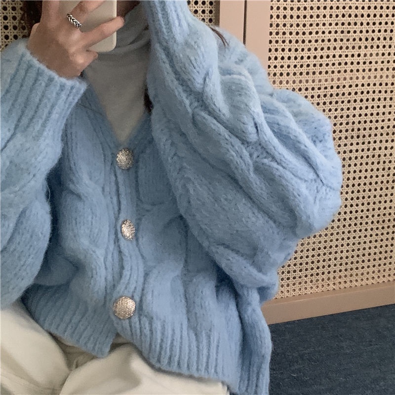 Áo khoác cardigan dệt kim cổ chữ V dáng rộng phong cách Hàn Quốc mới cho nữ sinh