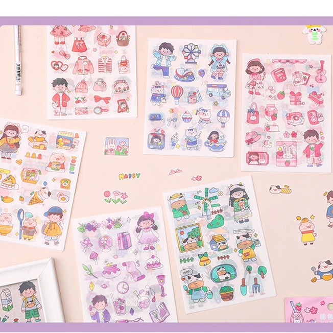 Set 4 Tấm Sticker Dán Trang Trí Sổ Tay Diy Hình Cô Gái Hoạt Hình Dễ Thương