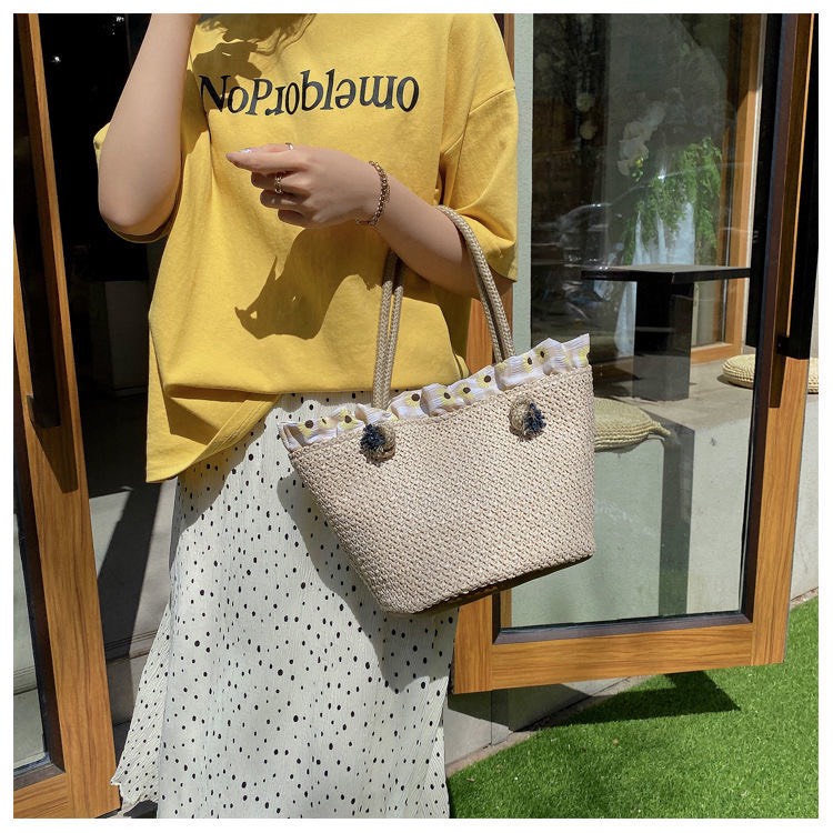 Túi Xách Nữ Túi Cói Đi Đeo Vai Trơn , Viền Hoa Phù Hợp Đi Biển Phong Cách Trẻ Trung