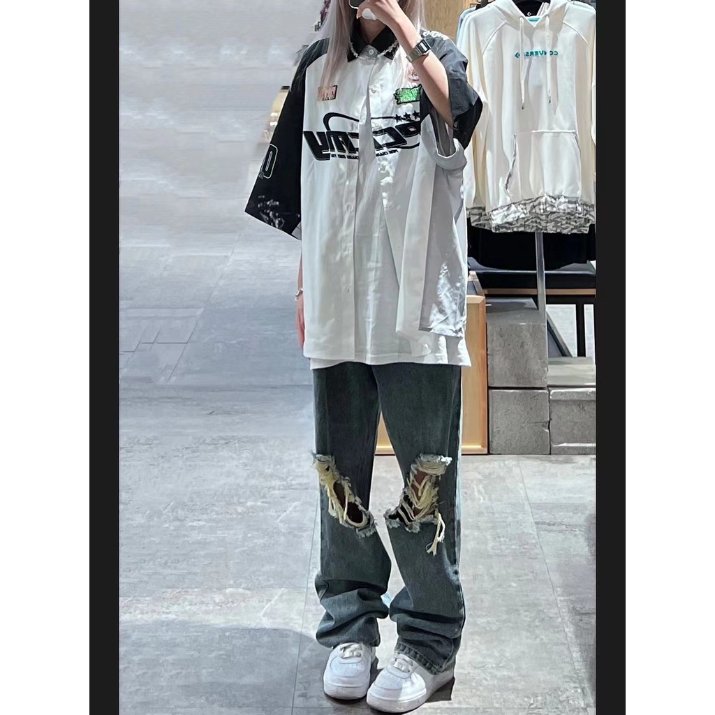 Quần jeans Nữ Lưng Cao Ống Đứng Rách Gối Thời Trang Mỹ