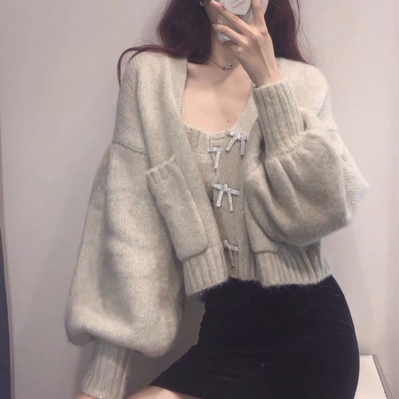 Set áo khoác len cardigan croptop tay bồng + áo 2 dây bản to cổ vuông đính nơ đá ZR Ulzzang siêu đẹp ❤️