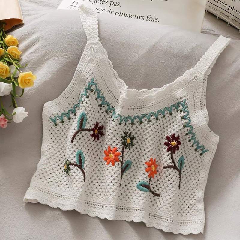 Áo Croptop Dệt Kim Hai Dây Thêu Hoa Gợn Sóng Phong Cách Vintage Cho Nữ