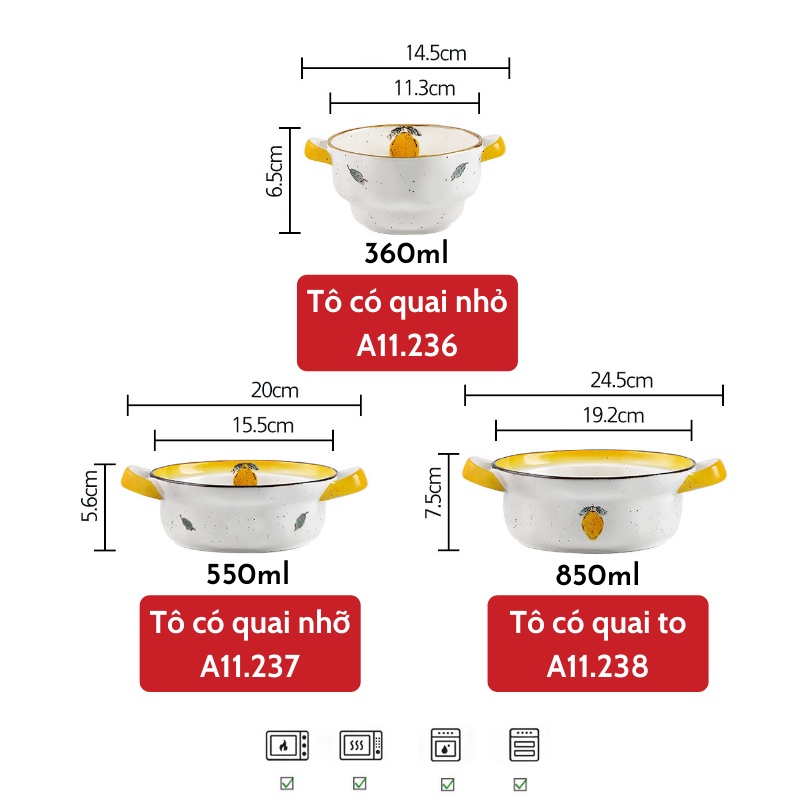 Bát sứ - Tô sứ có 2 tai cầm họa tiết chanh vàng viền nâu men tiêu - Đồ decor phụ kiện bàn ăn sang trọng