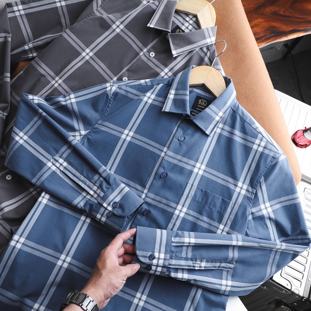 Áo sơ mi SASM64 caro lớn tay dài màu xanh / xám có túi trước ngực |SATOSHI|