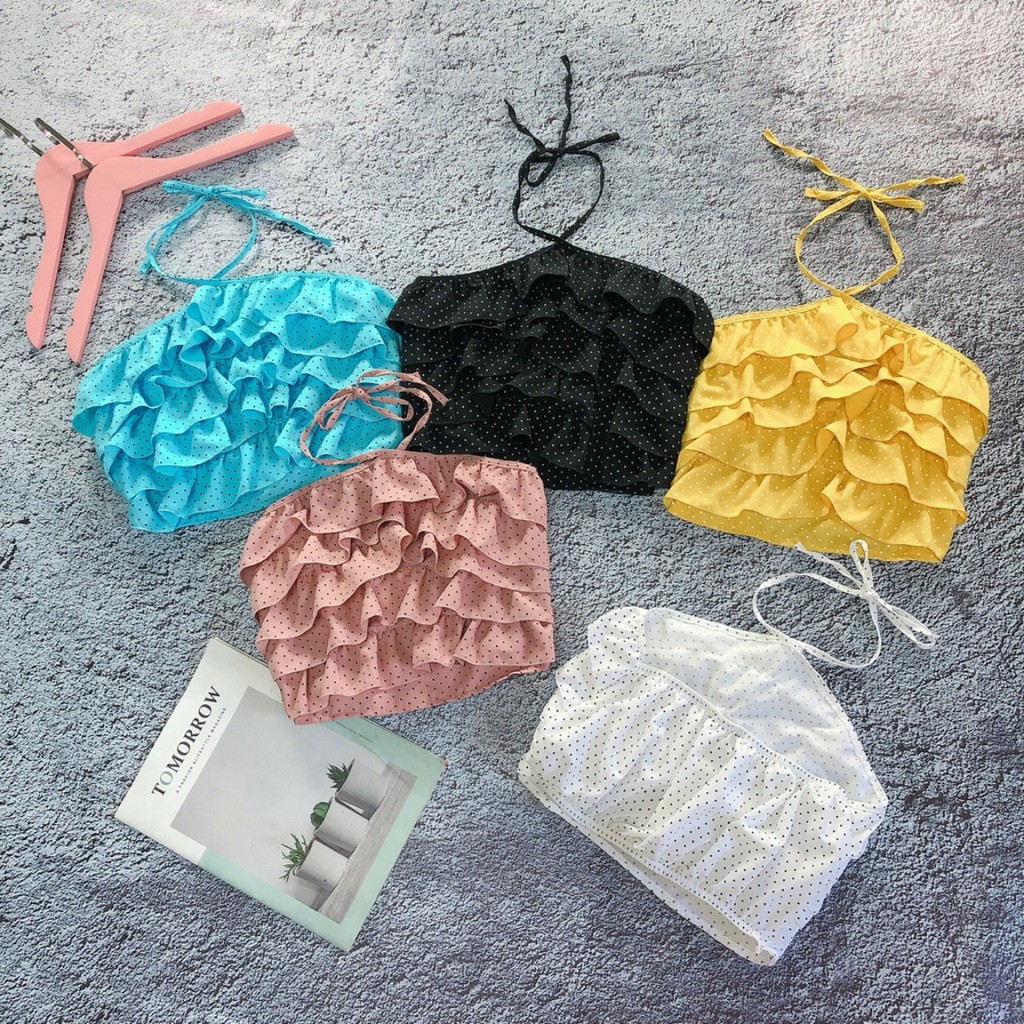 Áo yếm chấm bi cột cổ nhún bèo bánh bèo