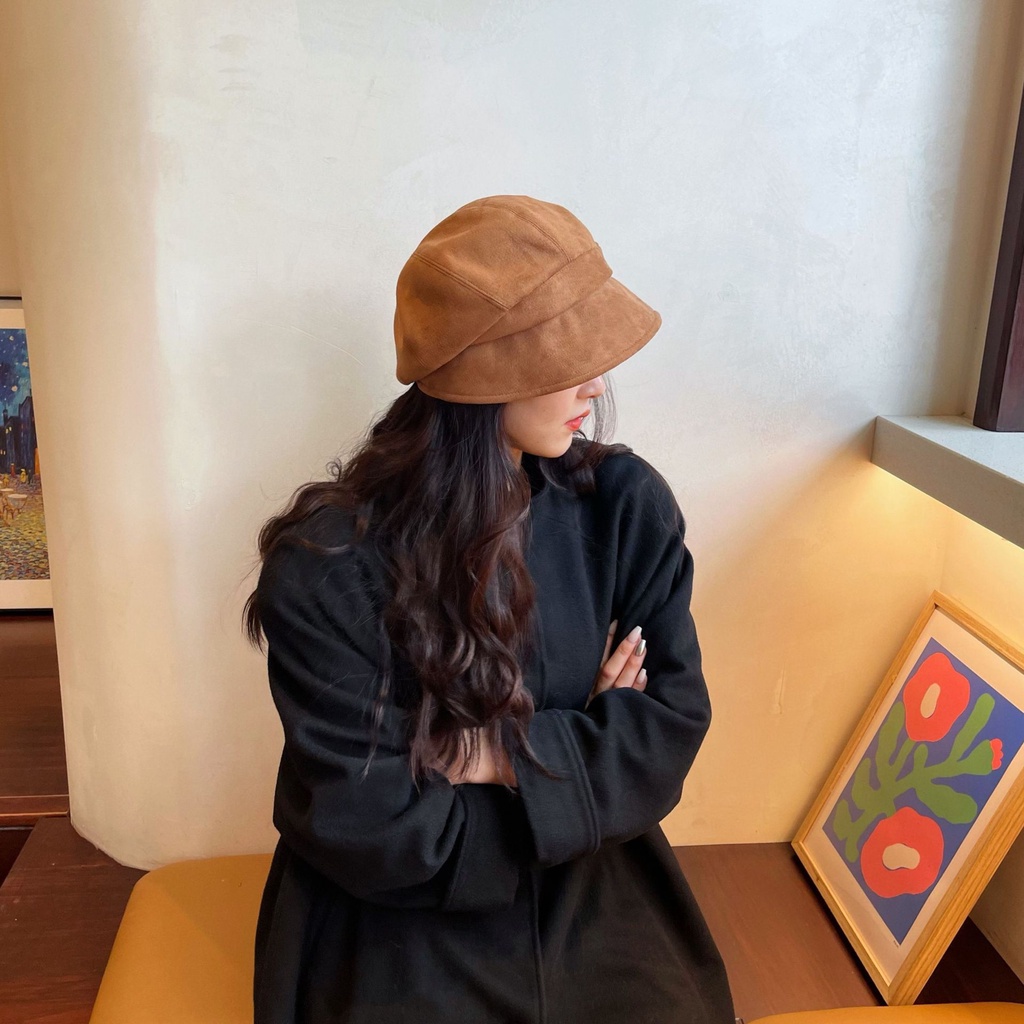 Mũ bucket chất liệu da lộn thiết kế phía trước dài phía sau ngắn thời trang thu đông cho nữ