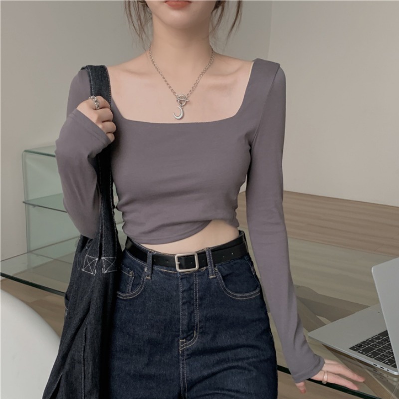 Áo Thun Crop Top Tay Dài Cổ Vuông Phong Cách Mới Dành Cho Nữ