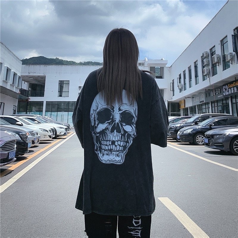 Áo phông hoạ tiết đầu lâu vải wash