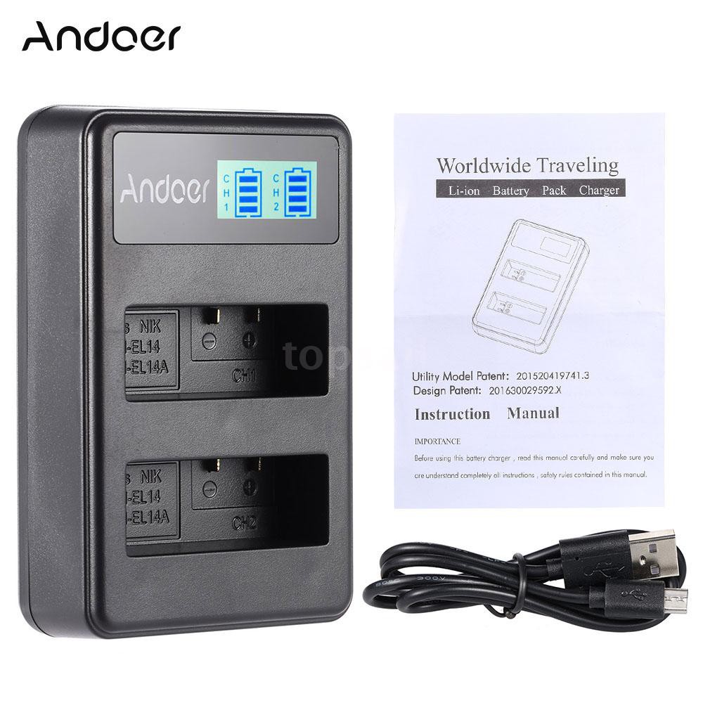 Andoer EN-EL14 EN-EL14A Rechargeable Li-ion Battery Charger Pack LED Display 2-Slot USB Cable Kit for Nikon D3100 D3200