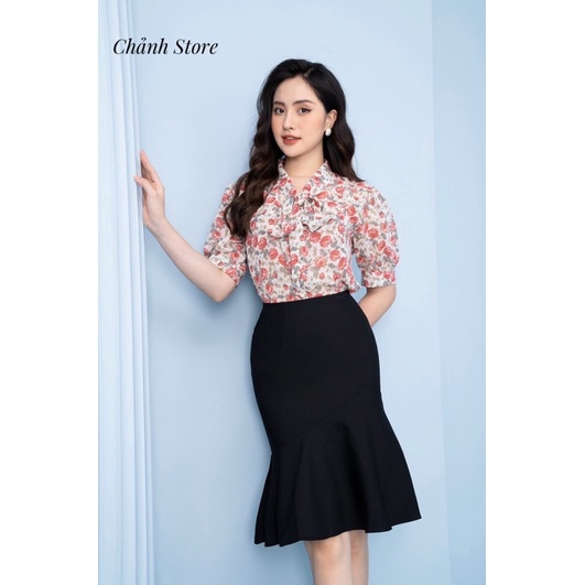 Sơ mi hoa hồng phối nơ nữ tính, chất vải voan mềm nhẹ, hàng VNXK